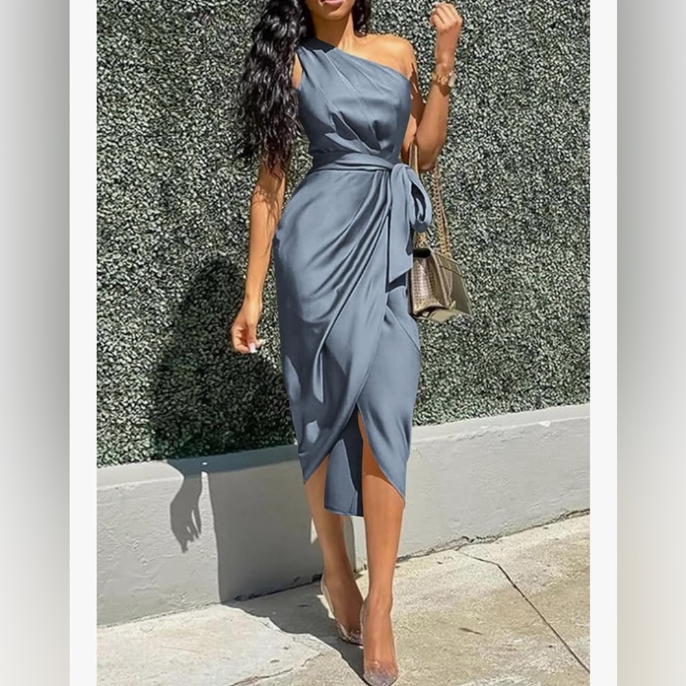 Satin Gray/blue satin one shoulder wrap dress size s